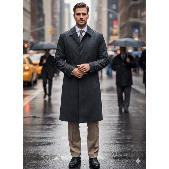 STAFFORD Men 42R Raincoat Travel Black Trenchcoat Jacket Removable Liner - Picture 1 of 15